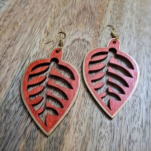 HAND CRAFTED Reddish Orange Wooden Leaf Earrings